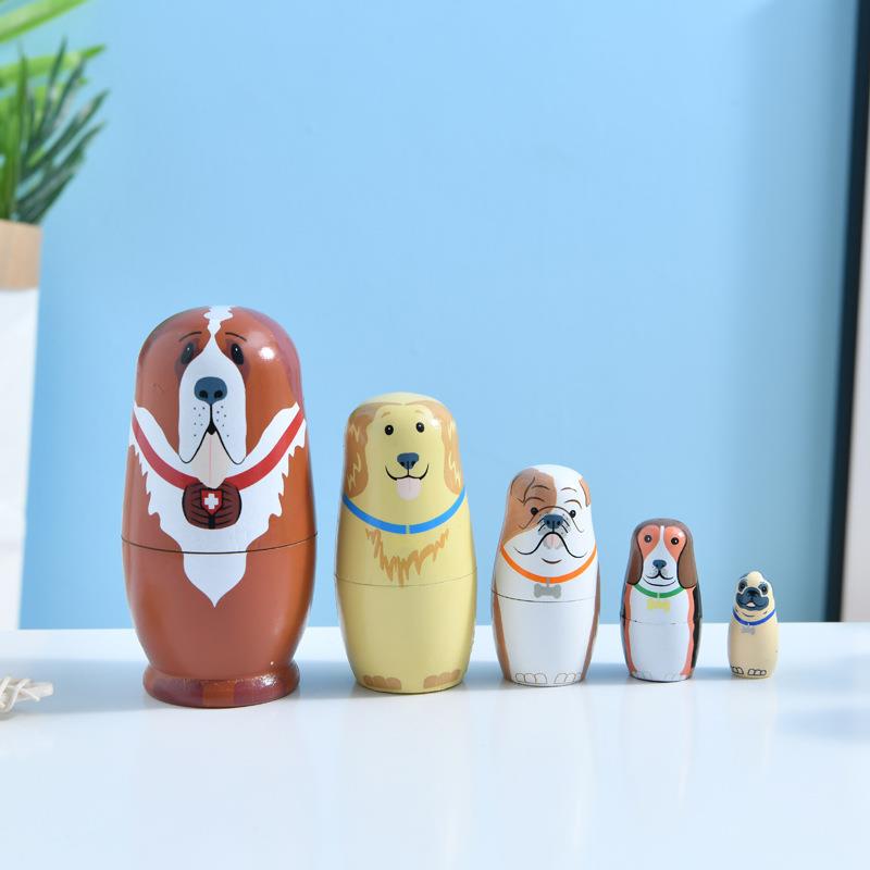 源头厂家 俄罗斯套娃5层卡通狗狗 纯手工木质工艺品 摆件厂家直供