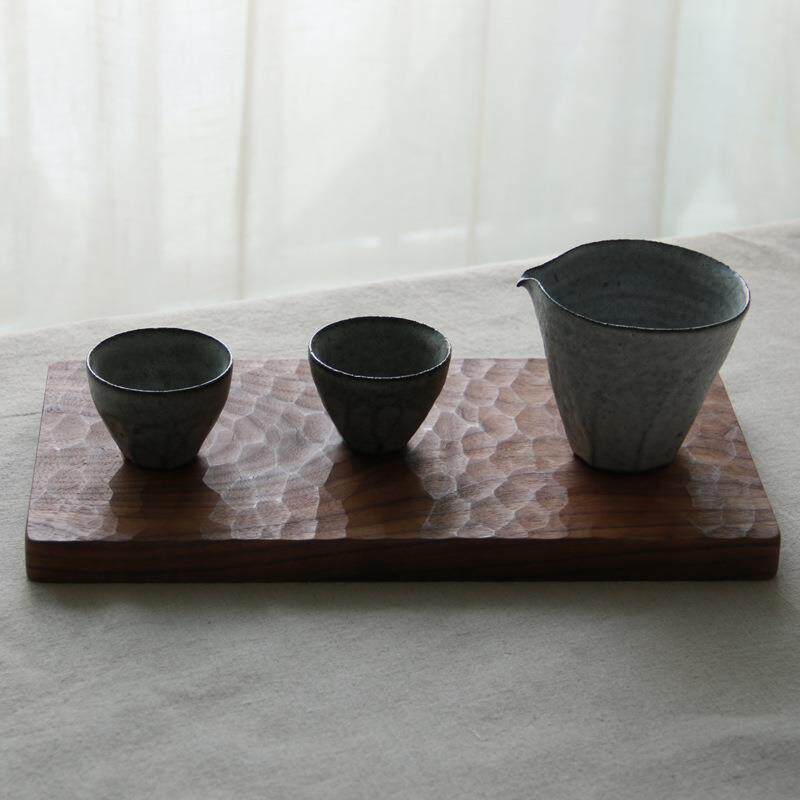 雨木日式托盘杯垫黑胡桃实木纯手工雕刻龟纹茶盘西餐盘