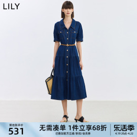 lily2024夏女装(夏女装)复古浪漫泡泡袖，舒适全棉垂坠感牛仔衬衫连衣裙