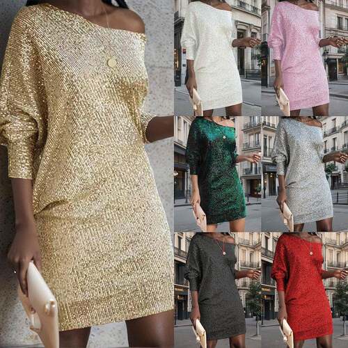 Women A-line Loose Asymmetric Sequined Solid Color