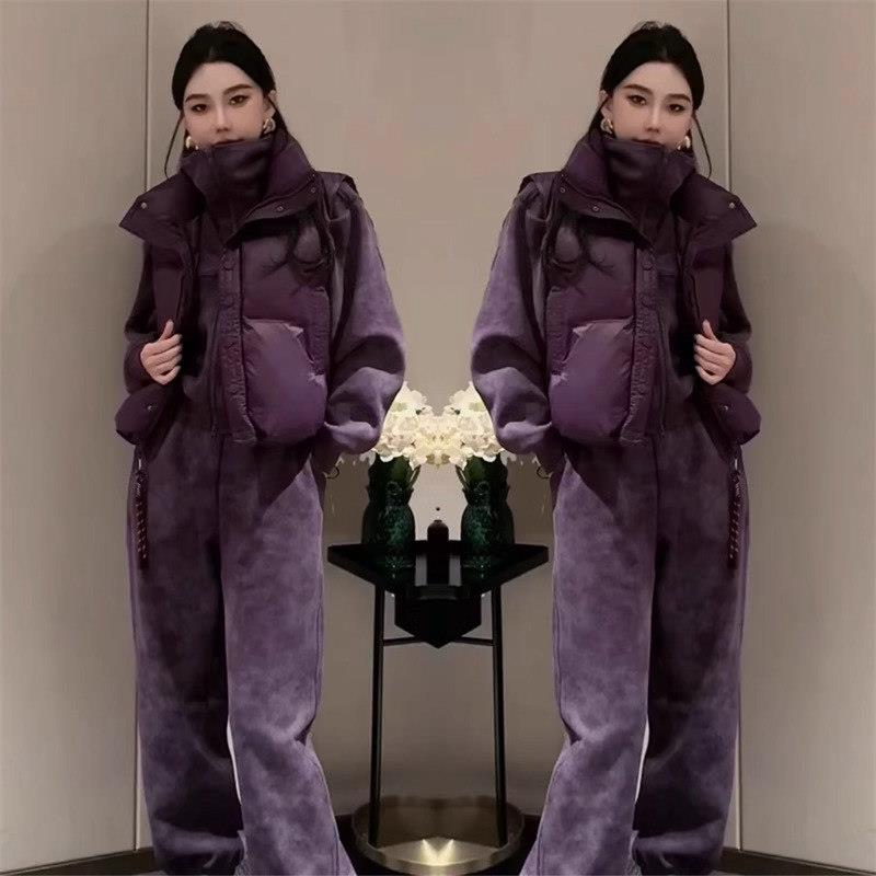 套装女秋冬季加厚2025新款羽绒棉马甲卫衣卫裤休闲 时尚洋派三件