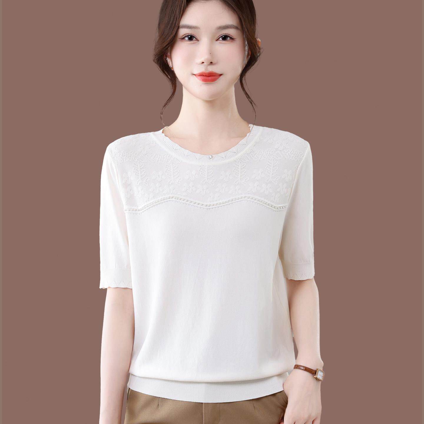 桑蚕丝女宽松减龄洋派短袖t恤2026夏季薄款凉感冰丝针织洋派上衣