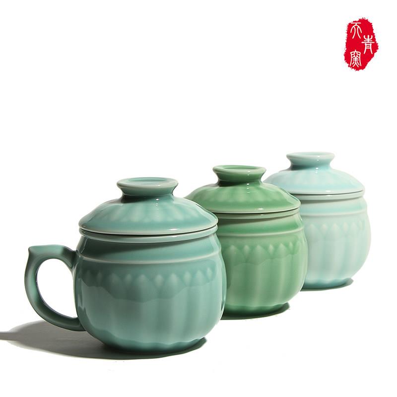 陶瓷泡茶杯茶水分离过滤带盖茶杯龙泉青瓷中式办公水杯莲花同心杯