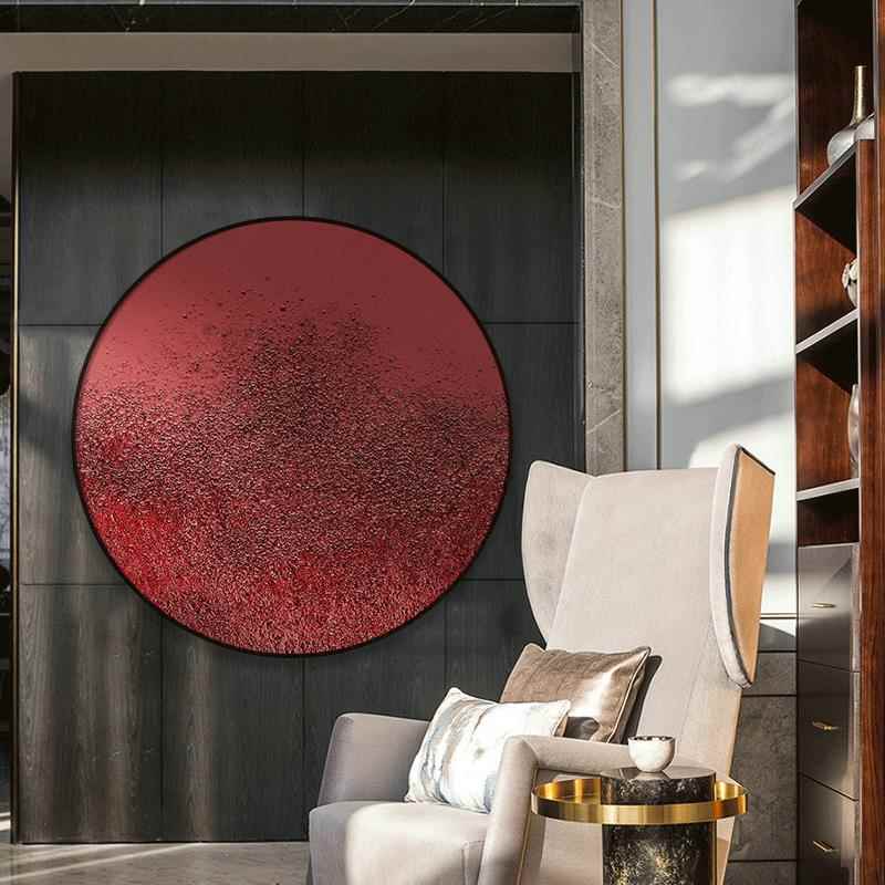 油画圆形现代餐厅装饰画红色肌理入户玄关挂画酒店大堂高级感挂画图片