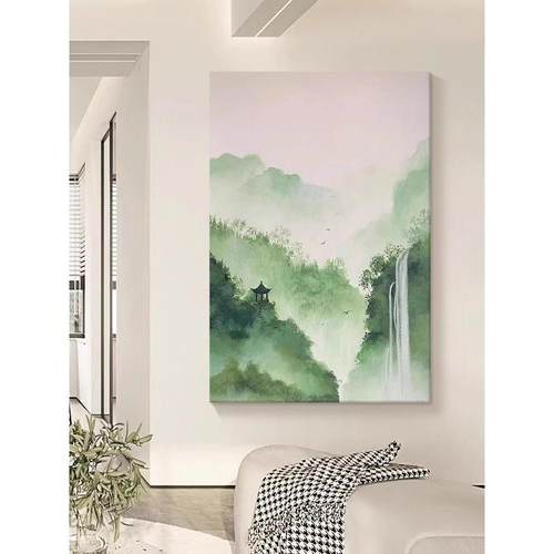 玄关墨水风景山流水客高厅A188vJ8S酒店书房饰绿色青山瀑布挂画新