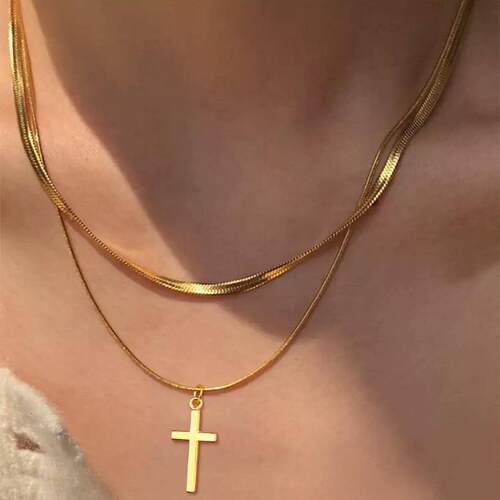 Gold cross necklace蛇骨炼长版多层叠戴项炼金色十字吊坠锁骨炼