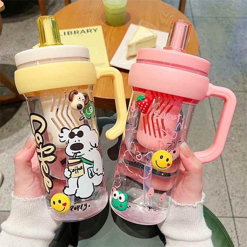 大容量卡通冰霸杯女生高颜值可爱带茶隔吸管塑料杯学生花茶水杯子