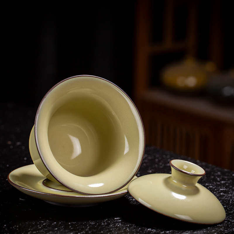 碗茶具养家用黄陶瓷开茶杯碗汝窑片泡茶铁三才批发胎敬茶可盖碗