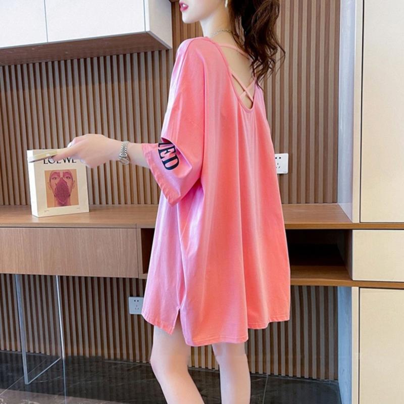 露背V领短袖T恤女2026夏季新款设计感中长版宽松大尺码胖mm印花上