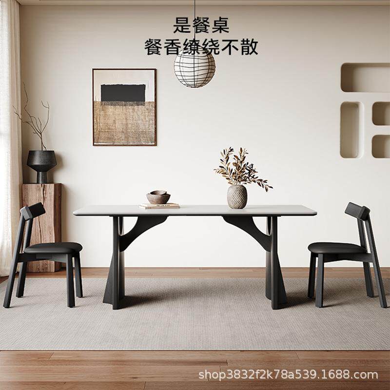 飞鸦法式复古实木餐桌现代简约长方形哑光纯白岩板餐桌椅