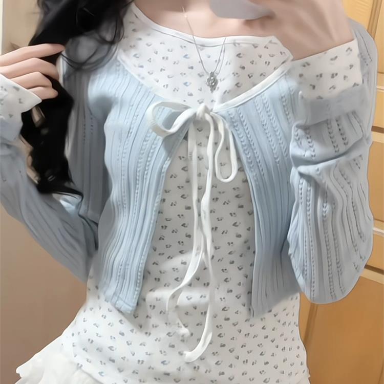 蓝色假两件针织开衫女早秋新款穿搭韩系高级感短款小个子长袖上衣