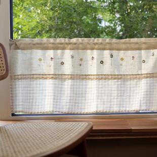 日式 田园小花刺绣半帘咖啡帘整体橱柜帘厨房帘头魔术贴免穿杆门帘