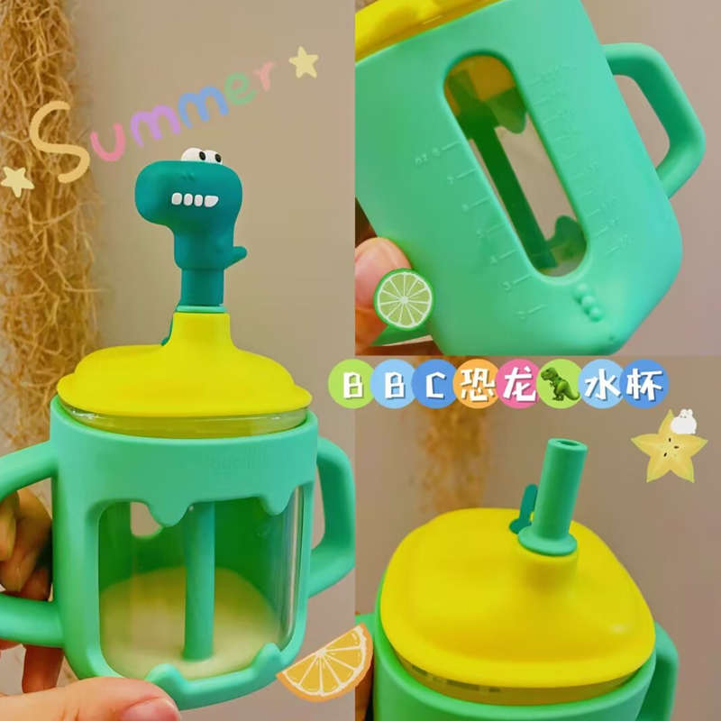 babycare儿童牛奶杯刻度杯宝宝家用吸管水杯玻璃幼儿手柄直饮防摔