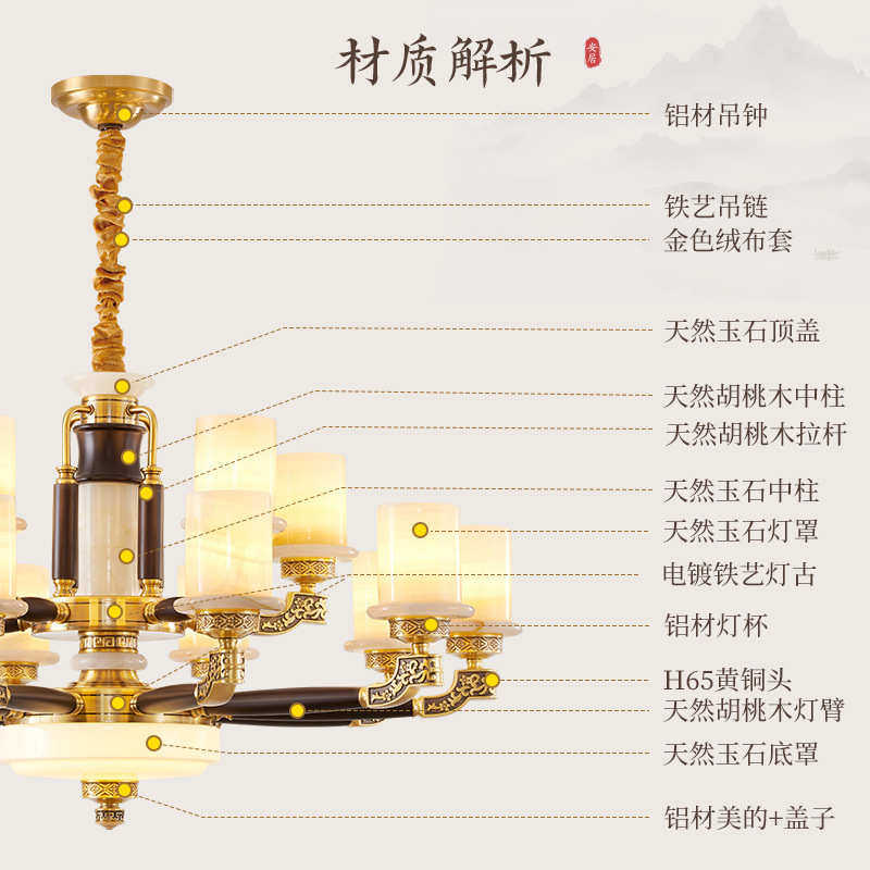 新中式客厅吊灯高档大气玉石铜灯中国风实木餐厅卧室灯中山灯具厂