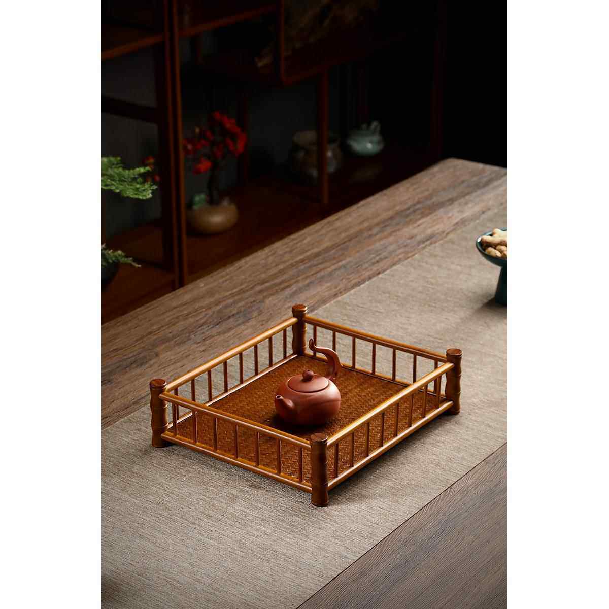 竹编围栏托盘茶具收纳盘文盘竹制简约干泡茶盘长方形茶托盘奉茶盘