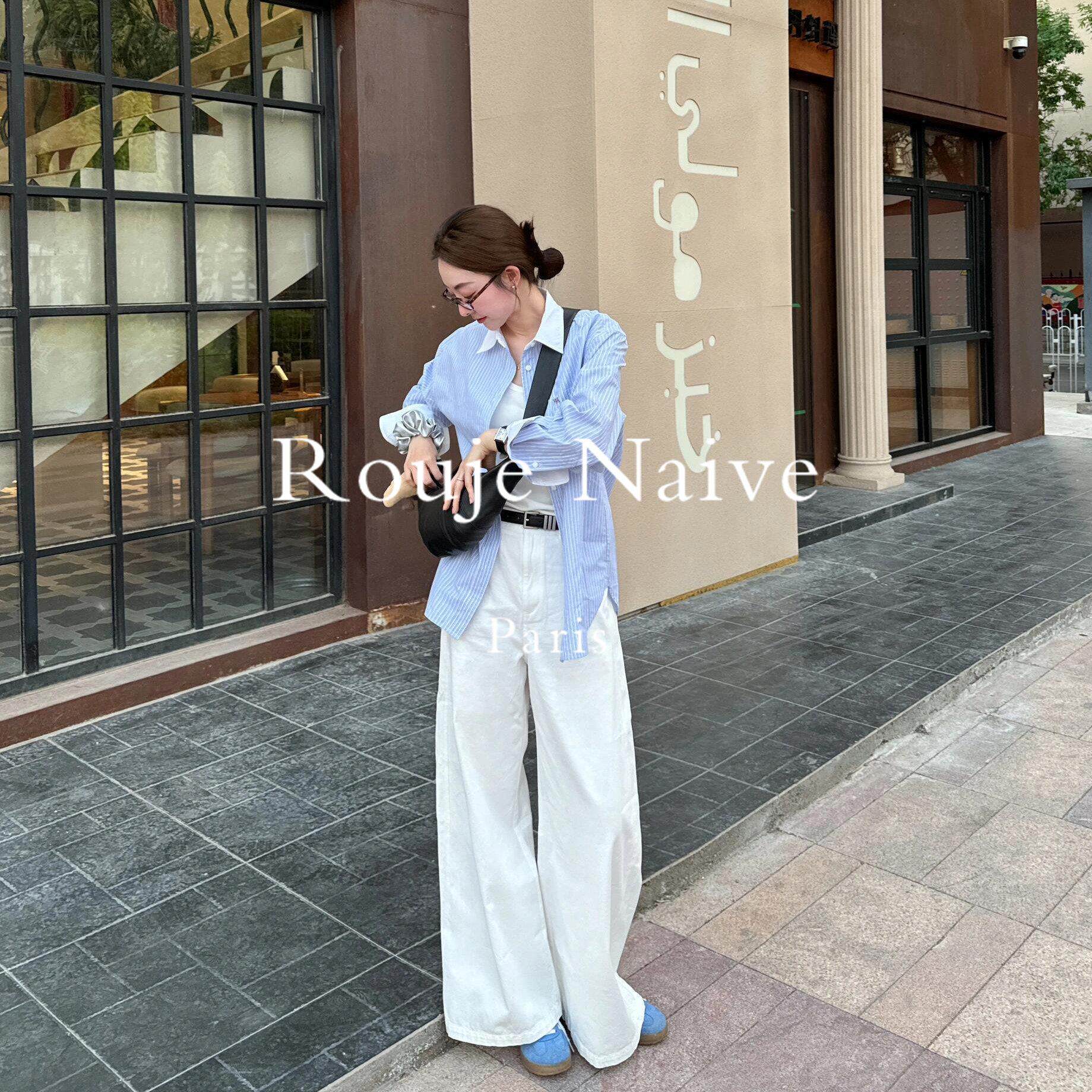 Rouje Naive白色阔腿牛仔裤女春秋季新款休闲宽松直筒小个子裤子