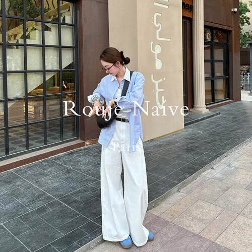 Rouje Naive白色阔腿牛仔裤女春秋季新款休闲宽松直筒小个子裤子