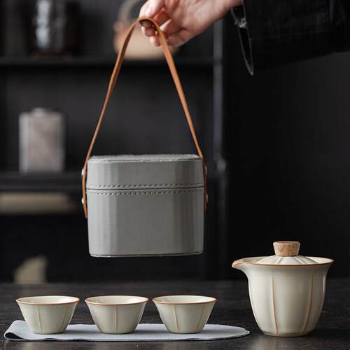 米黄汝窑快客杯一壶三茶杯旅行茶具户外可携式泡茶壶功夫定制礼品