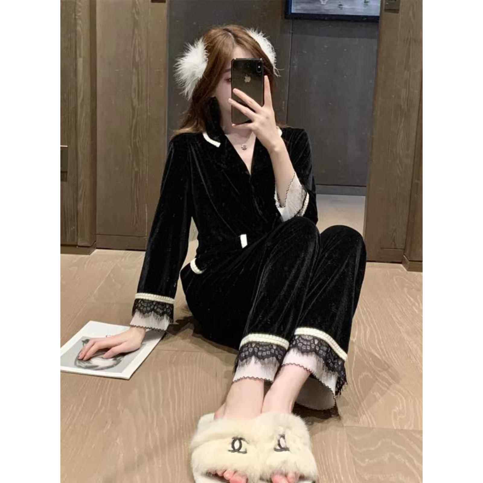 金丝绒女士睡衣秋冬季加厚保暖宫廷风珊瑚绒套装春天双面绒家居服