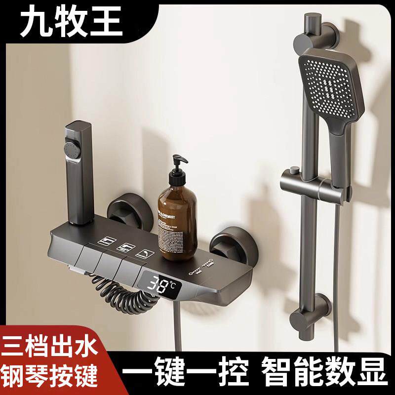 枪灰色淋浴花洒套件家用卫浴全铜简易两件式化妆室浴室增压沐浴器