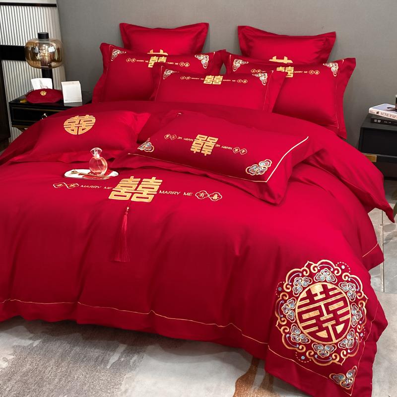 龙凤刺绣磨毛结婚四件套床单被套磨绒亲肤棉婚庆龙凤呈祥床笠款