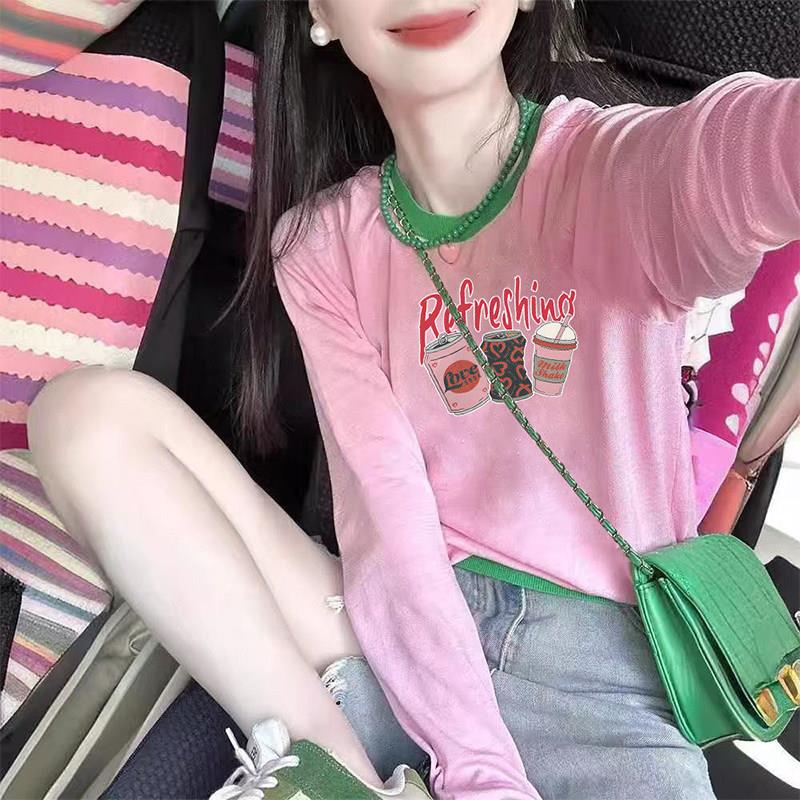 欧洲站撞色拼接长袖T恤女2026新款夏小个子休闲百搭防晒罩衫上衣