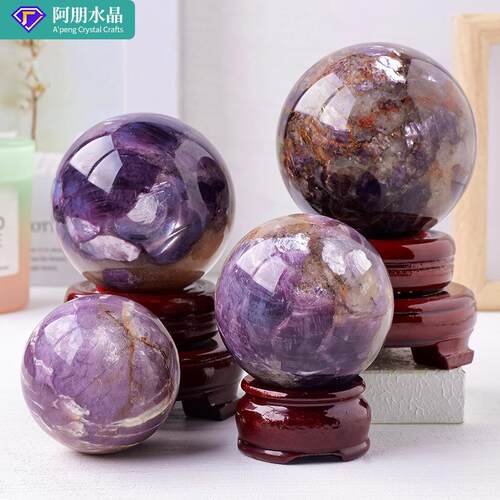 天然紫锂云母球摆件水晶原石打磨能量水晶球原石家居办公摆件
