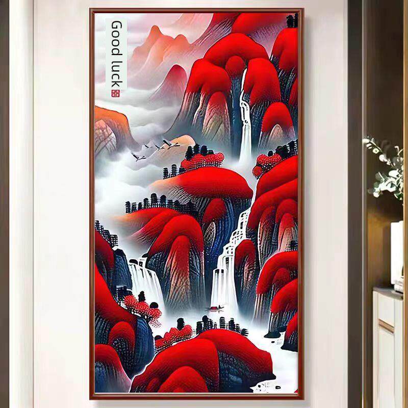十字绣成品纯手工好运新画框客厅门厅垂直风景挂画框装裱