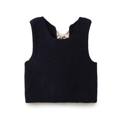 Women Sweater Vest Bow Tie Knitted Casual Crop Cardigan Tank