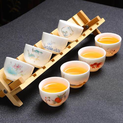 问谦堂 八景功夫小茶杯品茗杯茶具喝茶茶碗套装6祇陶瓷羊脂玉白瓷