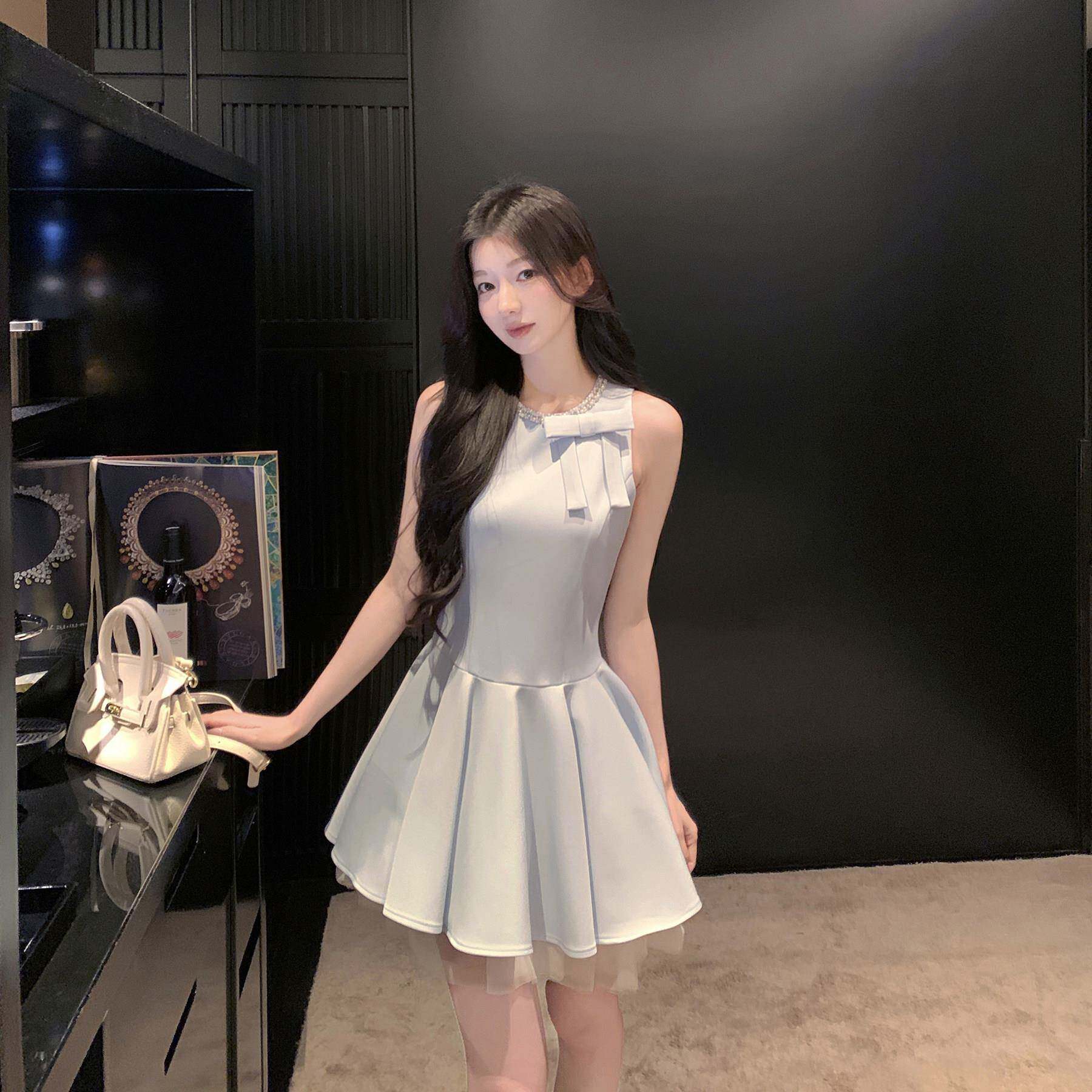 小熊说拜拜 千金风无袖洋装女蝴蝶结收腰A字裙气质显瘦生日礼服
