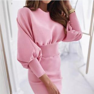 color round neck Dress hip solid waist dress casual