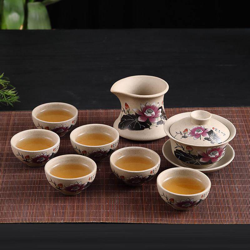 粗陶功夫茶具套组复古陶土茶具荷花茶杯盖碗公道杯子功夫茶道配件