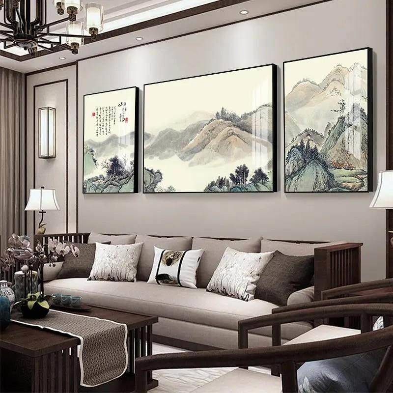 新中式客厅装饰画中国风大气山水挂画沙发背景墙三联画办公室壁画