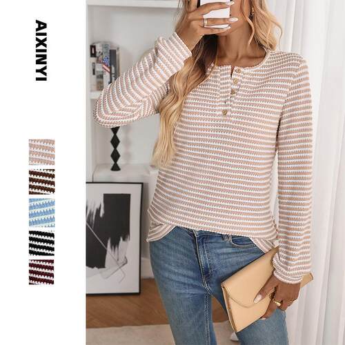 Women's Casual Striped Texture Fabric Long Sleeve Button