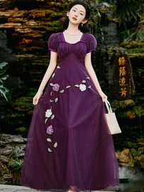 2024夏装法式唯美仙女拖地长裙高腰，大摆泡泡袖*紫古堡公主长裙