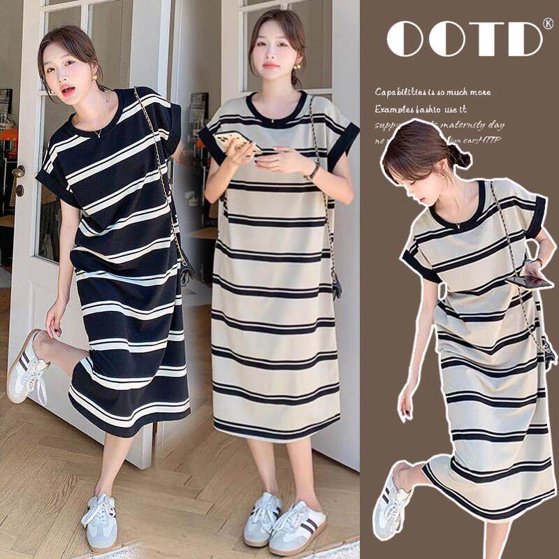 孕妇装夏装洋装2025新款韩版条纹短袖开叉大尺码中长版冰丝T恤裙