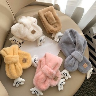 卡通可爱手掌儿童围巾秋冬季男女宝宝交叉毛绒加厚保暖颈脖围脖套