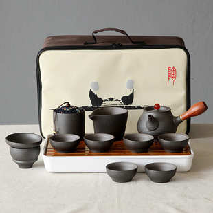 家用陶瓷茶壶茶杯粗陶户外便携泡茶盘小套装 黑陶旅行功夫茶具套装