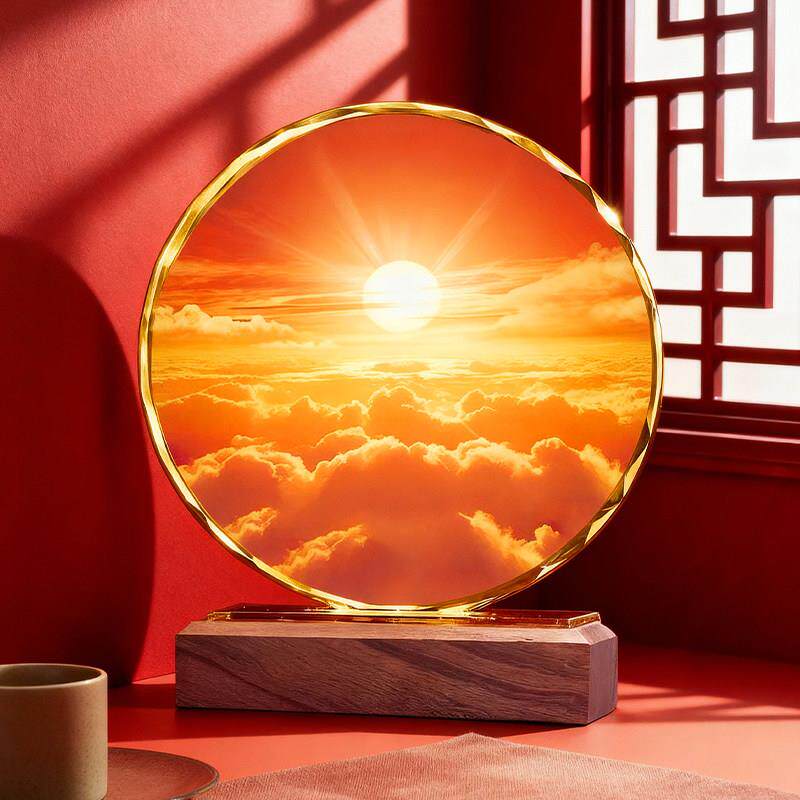 旭日东升红太阳水晶画摆件装饰品乔迁新家送礼物客厅玄关日出摆台