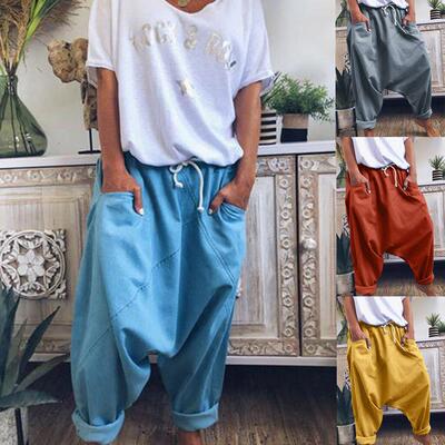 Women's elastic hanging crotch pants, lace up harem pants,