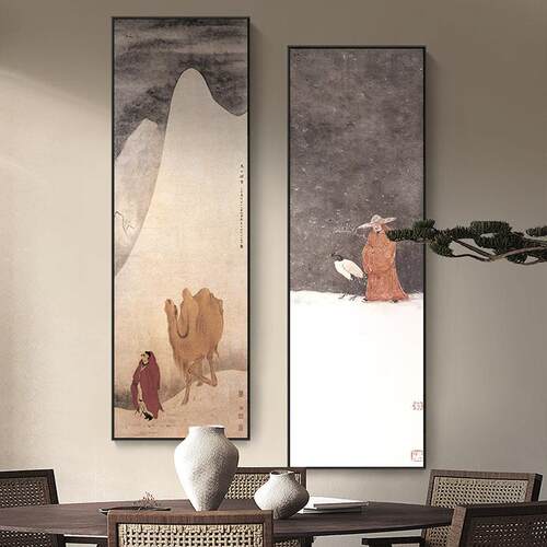 张大千勒马图新中式茶室装饰画竖版窄长条书房挂画中国风玄关壁画