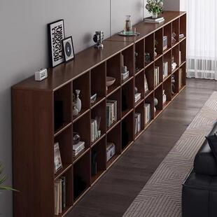 橡胶木书架实木格子柜客厅一体靠墙落地置物收纳胡桃木色简约书柜