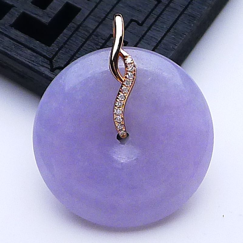 18K金镶玉紫罗兰平安扣吊坠挂件女天然紫翡翠平安环老玉佩6.86克