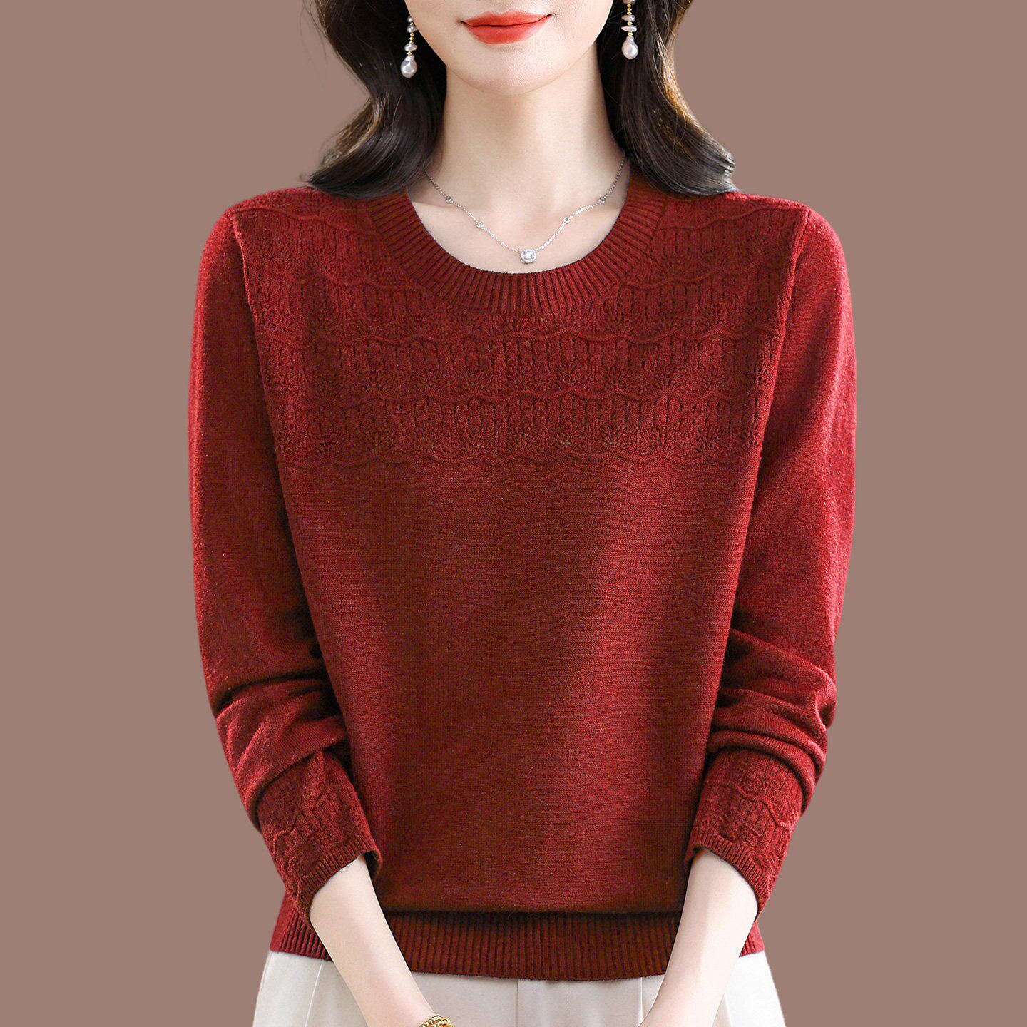 2026春季新款桑蚕丝长袖T恤女圆领洋派针织上衣宽松遮肚子打底衫