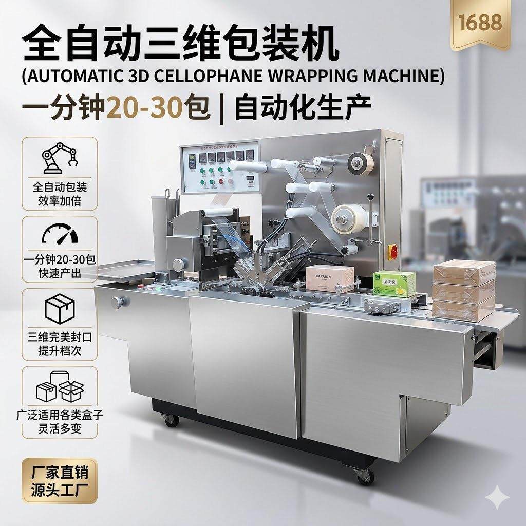 168型全自动透明膜三维包装机 烟盒茶叶三维包装机