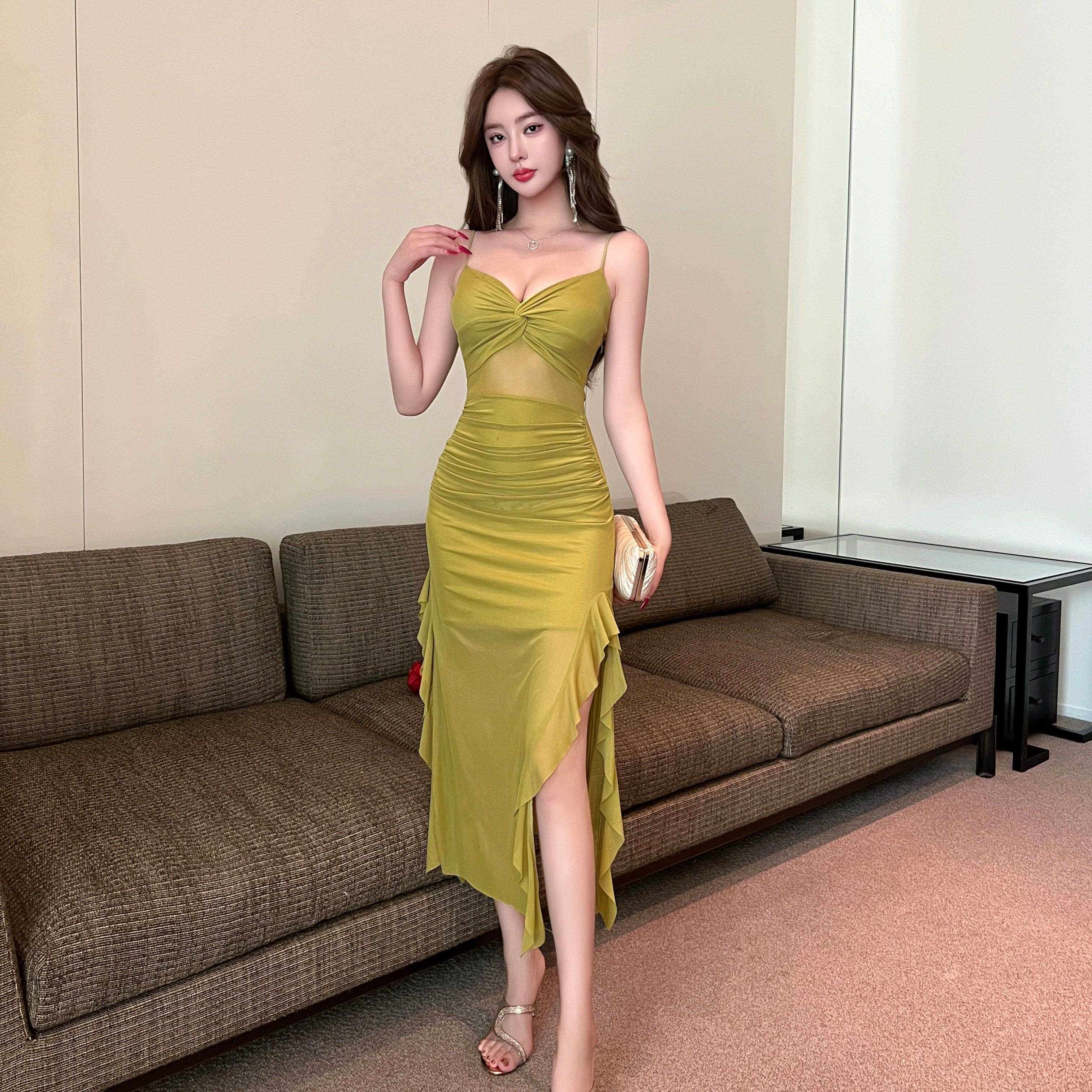 性感低胸长版网纱吊带开叉洋装夜场店足浴桑拿技师佳丽工作服