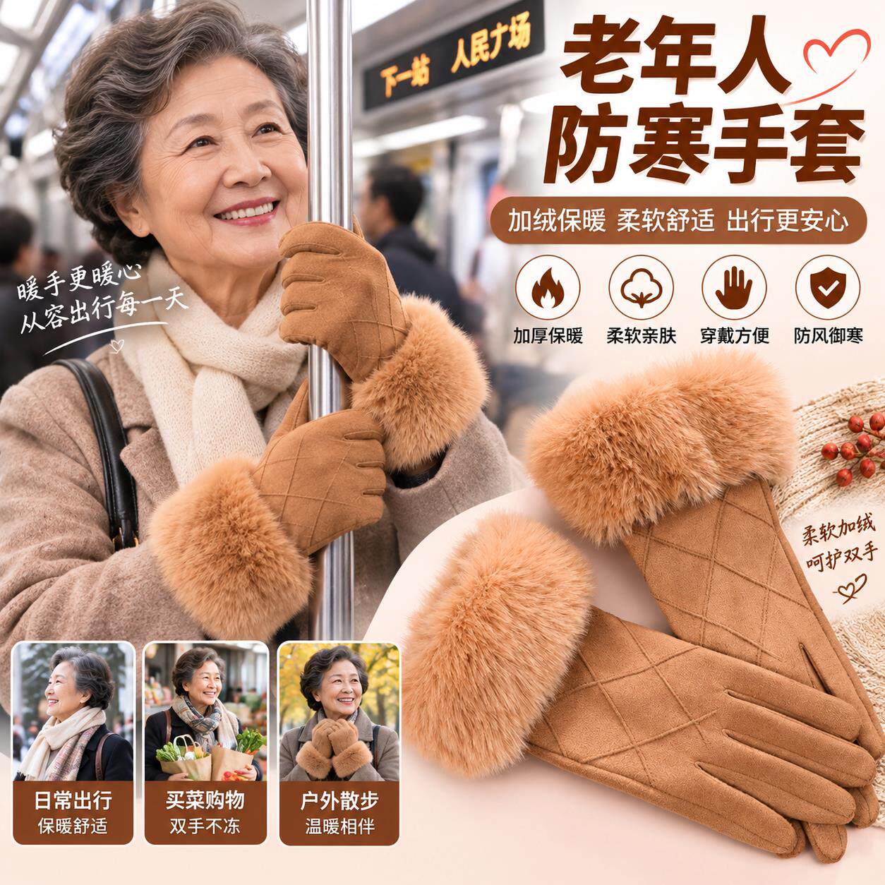 冬季手套老年人中年妈妈奶奶加绒骑车女防寒防风保暖触屏冬天防冻