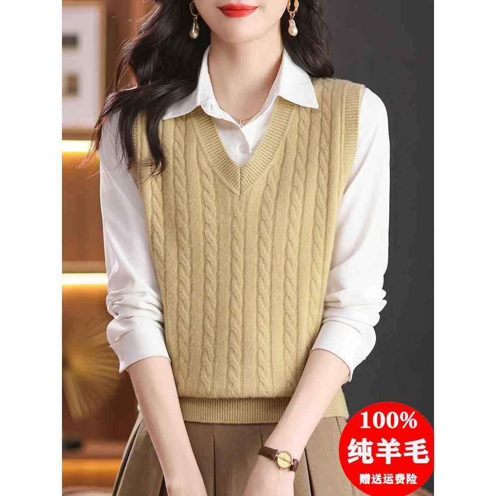 100纯羊毛针织女士背心，宽松的多层背心，加厚V领无袖毛衣，马甲