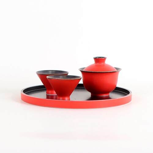 中托GHD盘大红茶具组合式装饰品客厅样板茶室软装禅新意间工艺品